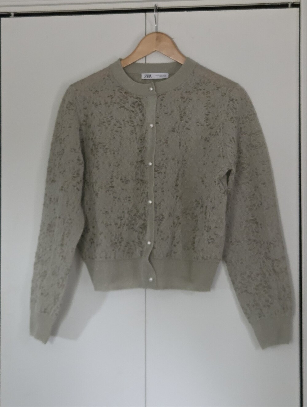 Zara Light Olive Lace-Texture Button Cardigan